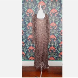 Soulmates Brown Taupe Silk Crochet Beaded Dress Jacket Top Set